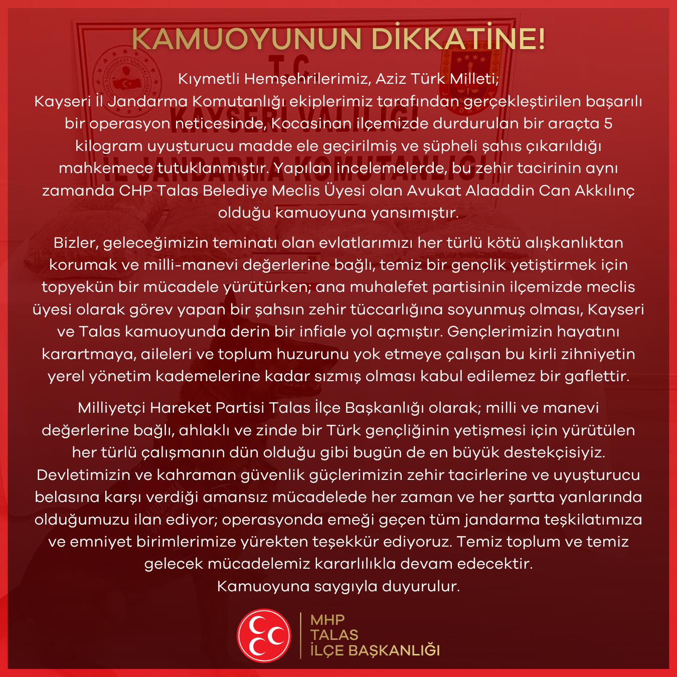 MHP TALAS İLÇE BAŞKANLIĞI KAMUOYU AÇIKLAMASI