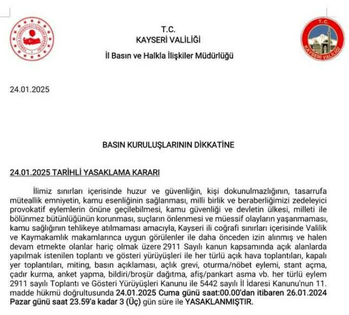 VALİLİKTEN 3 GÜN YASAK GELDİ